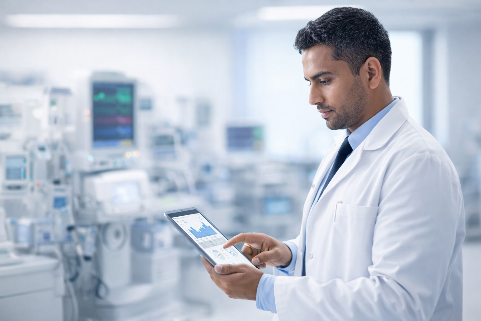 Biomedical engineer providing consultancy services by analyzing medical equipment performance in a hospital setting